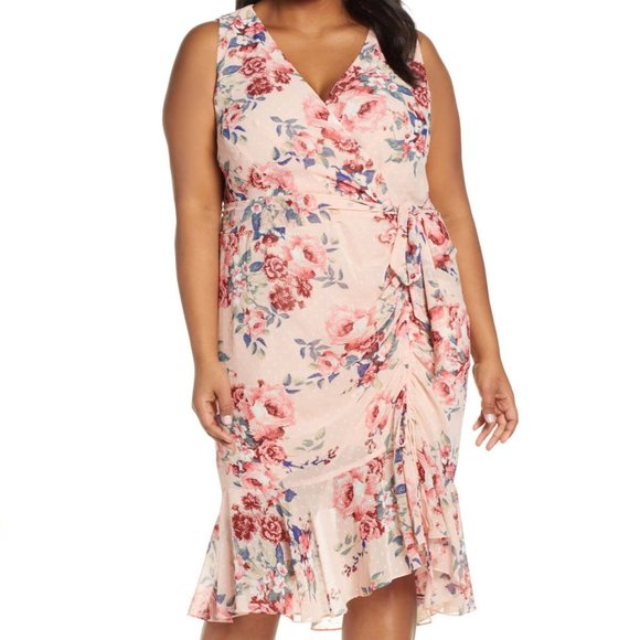 floral ruched chiffon faux wrap dress